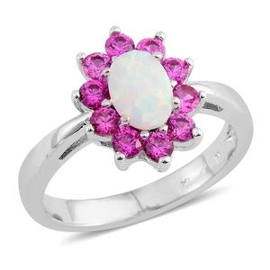 Beautiful Opal & Pink Silvertone Rhodium Ring-7.5